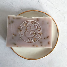Load image into Gallery viewer, Handmade white porcelain soap dish with gold lustre rim and mountain lavender & sweet fennel bar soap