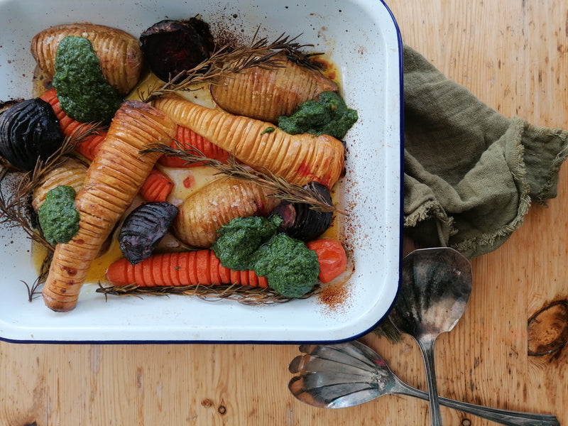 A Recipe For December By Minno Kitchen ~ Hasselback Roots & Cavalo Nero Pesto