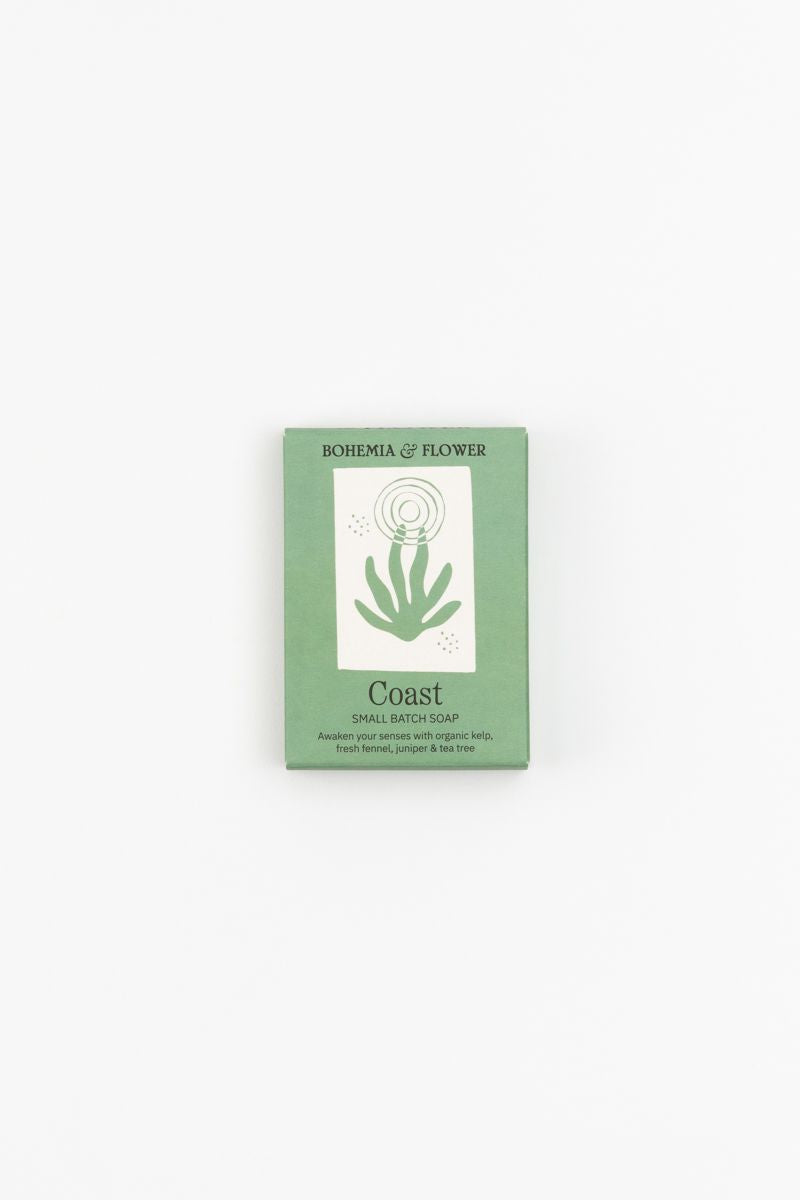 Coast Soap - Organic Seaweed & Tea Tree bar in eco-friendly green packaging, ideal vegan exfoliating soap for daily mineral-rich skincare routine.