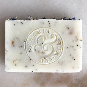 Meadow handmade unscented bar soap with cornflower petals and poppy seeds